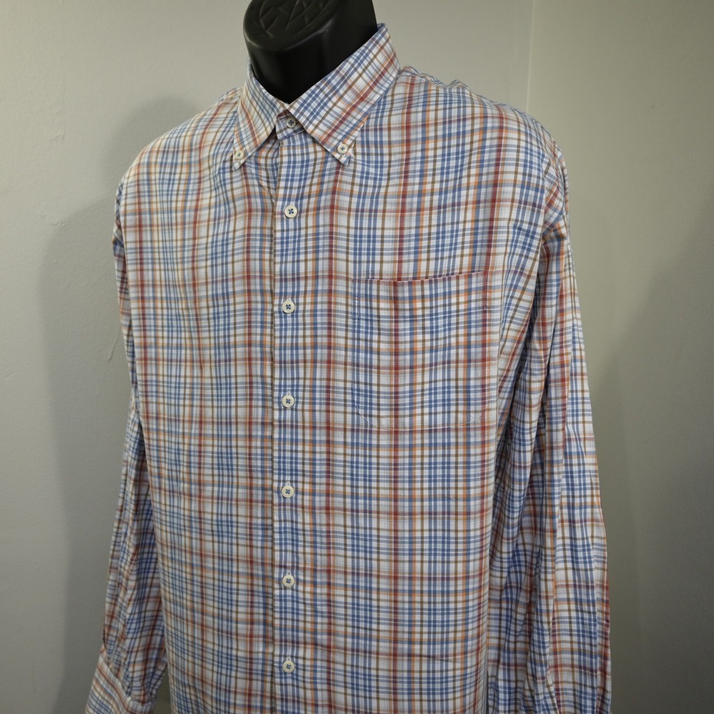 Peter Millar Dress Shirt Mens XL Blue Orange Plaid Button Up Long Sleeve Cotton